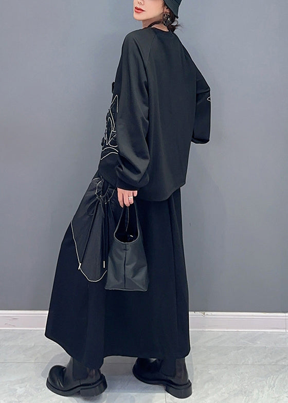 Loose Black Drawstring Pockets Patchwork Cotton Two Pieces Set Fall