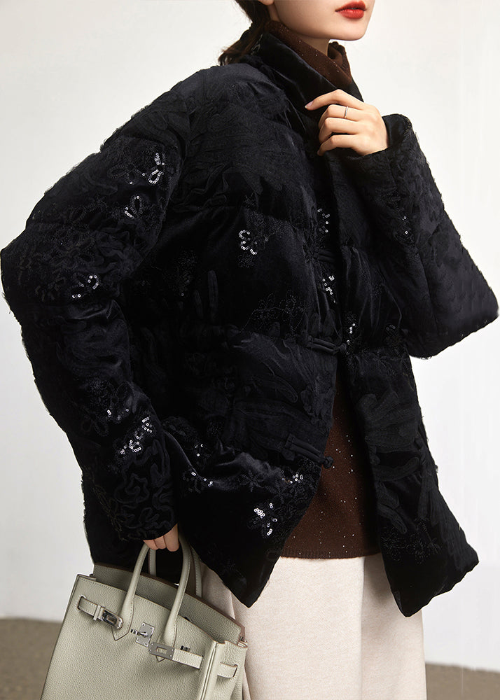 Loose Black Embroideried Sequins Duck Down Coat Long Sleeve