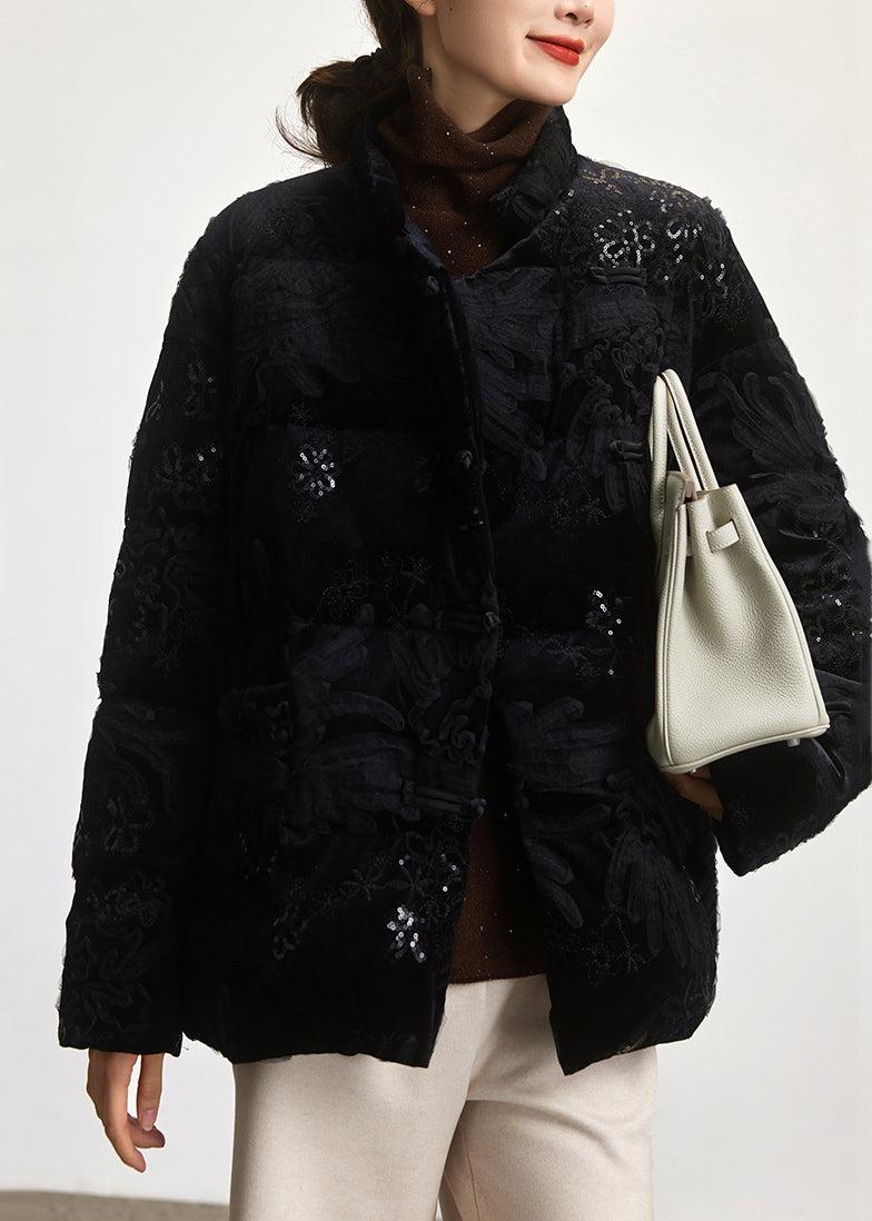 Loose Black Embroideried Sequins Duck Down Coat Long Sleeve