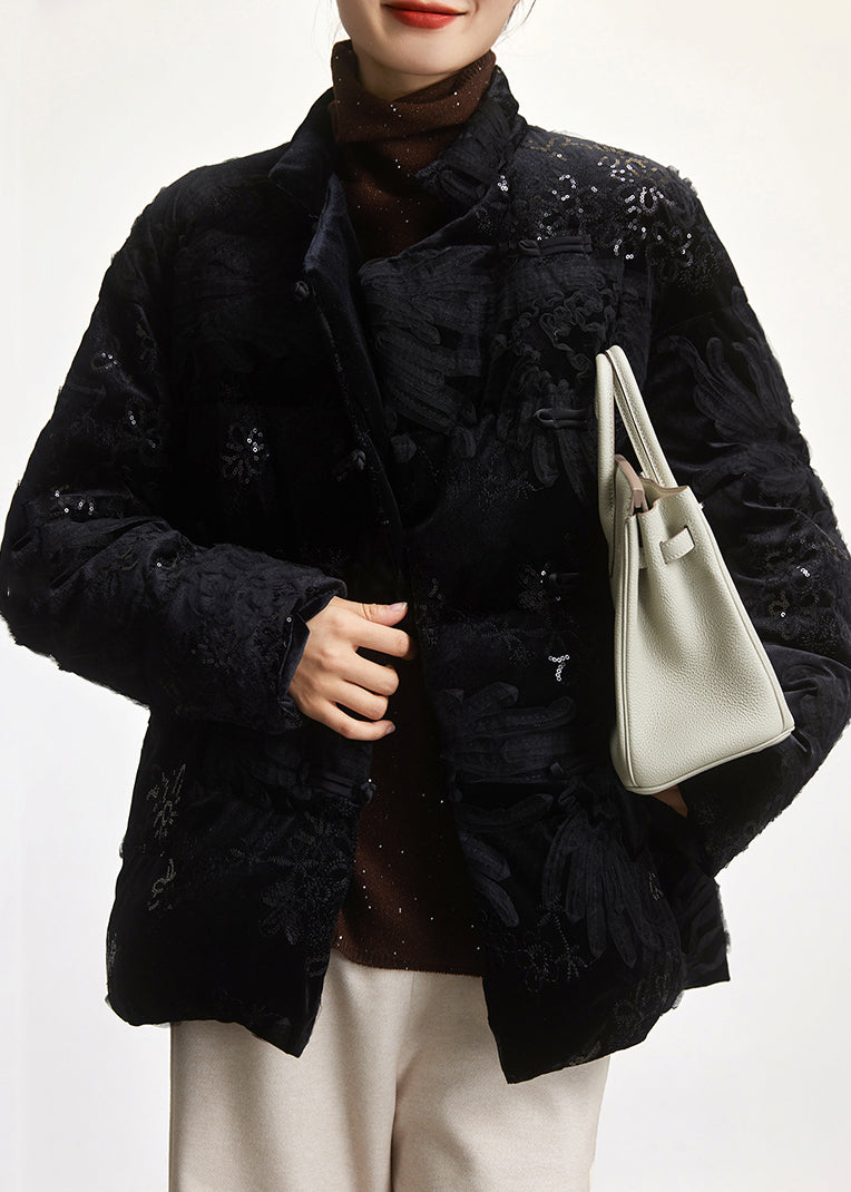 Loose Black Embroideried Sequins Duck Down Coat Long Sleeve