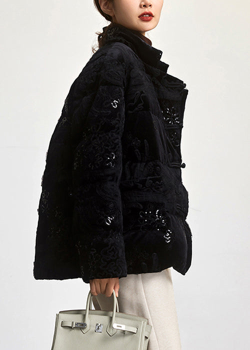 Loose Black Embroideried Sequins Duck Down Coat Long Sleeve