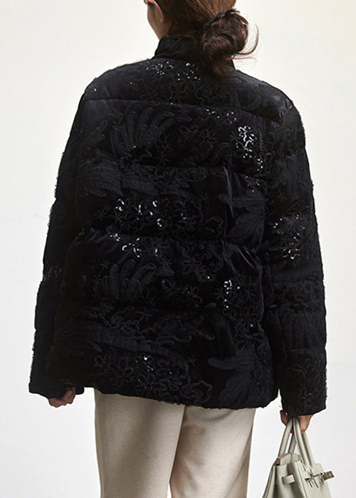 Loose Black Embroideried Sequins Duck Down Coat Long Sleeve