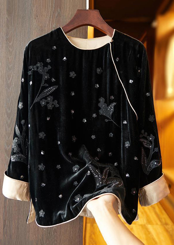 Loose Black Embroideried Side Open  Silk Velour Top Fall