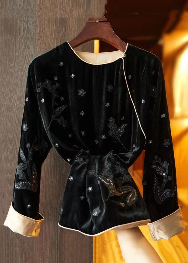 Loose Black Embroideried Side Open  Silk Velour Top Fall