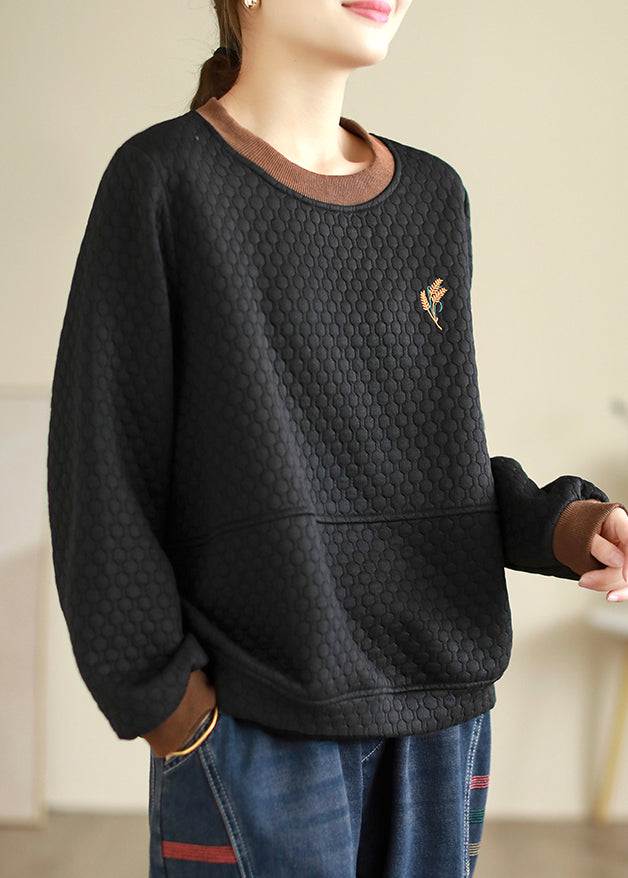 Loose Black Embroideried Thick Cotton Sweatshirt Embroiderie Fall