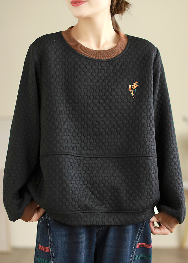 Loose Black Embroideried Thick Cotton Sweatshirt Embroiderie Fall