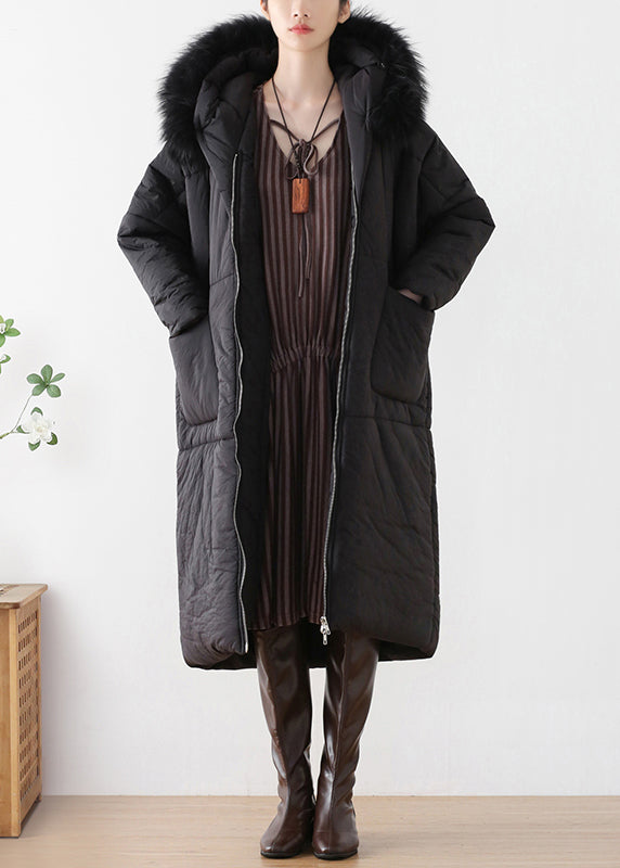 Loose Black Fur Collar Thick Hooded Maxi Parka Winter