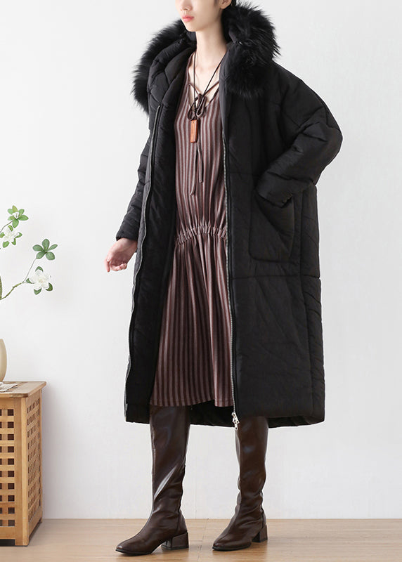 Loose Black Fur Collar Thick Hooded Maxi Parka Winter