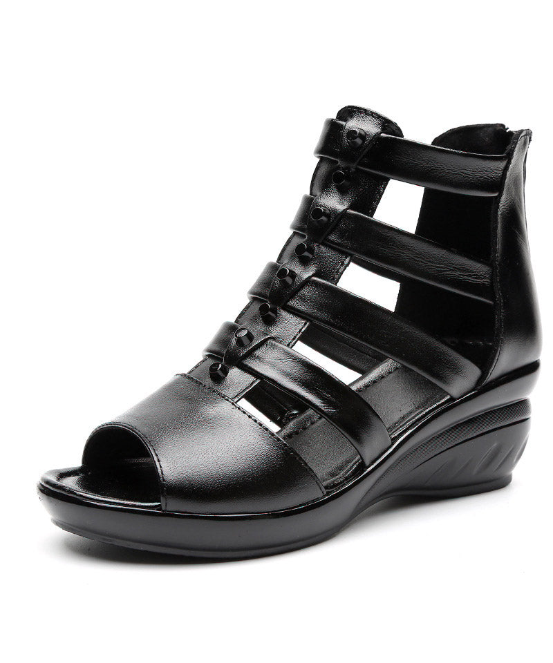 Loose Black Genuine Leather Sandals Peep Toe Splicing Sandals