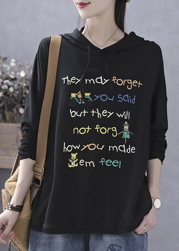 Loose Black Hooded Print Cotton Sweatshirt Long Sleeve