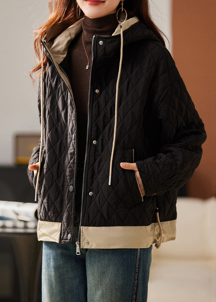 Loose Black Hooded Zippered Pockets Cotton Filled Coats Winter