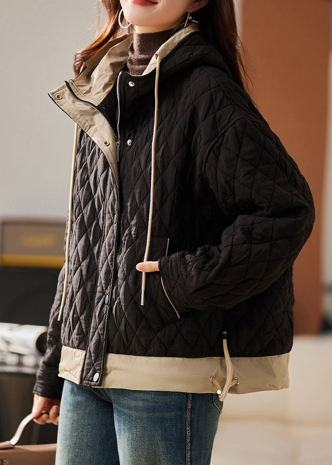 Loose Black Hooded Zippered Pockets Cotton Filled Coats Winter