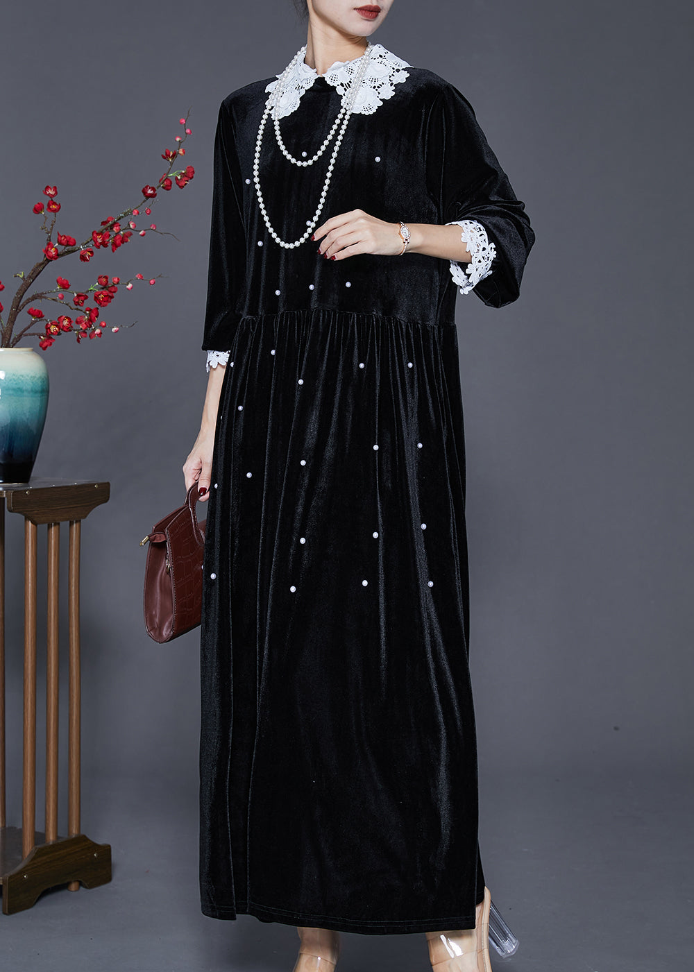 Loose Black Lace Patchwork Nail Bead Silk Velvet Long Dresses Spring