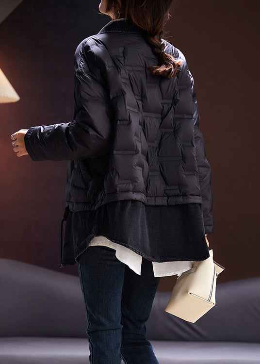 Loose Black Lace Up Pockets Patchwork Duck Down Coat Long Sleeve