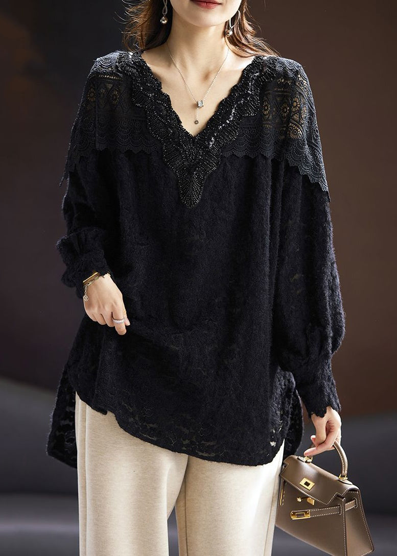 Loose Black Nail Bead Side Open Lace Shirt Spring