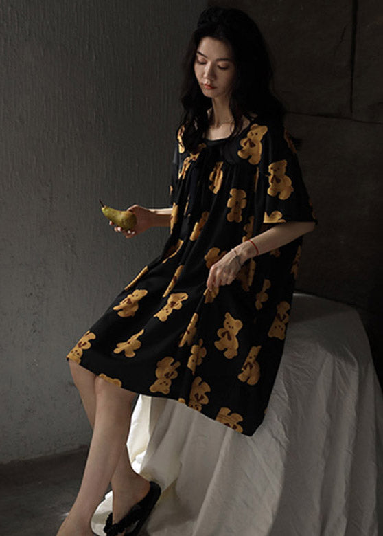 Loose Black O-Neck Animal Print Cotton Long Dress Summer