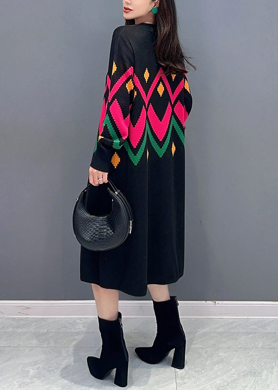 Loose Black O-Neck Button Patchwork Knit Dress Fall