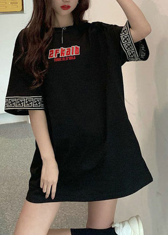 Loose Black O-Neck Embroideried Cotton Tops Short Sleeve
