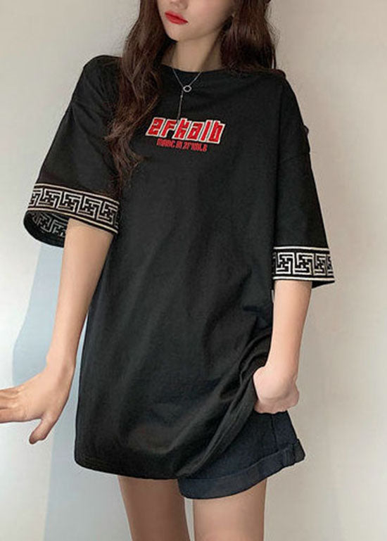 Loose Black O-Neck Embroideried Cotton Tops Short Sleeve