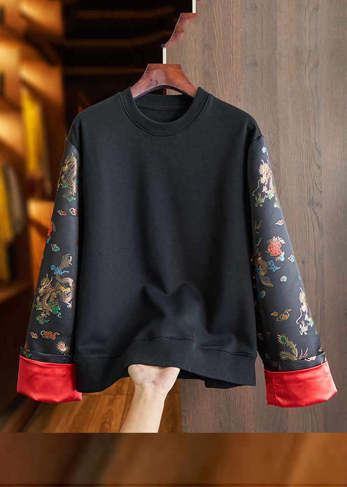 Loose Black O-Neck Embroideried Patchwork Cotton Sweatshirt Long Sleeve