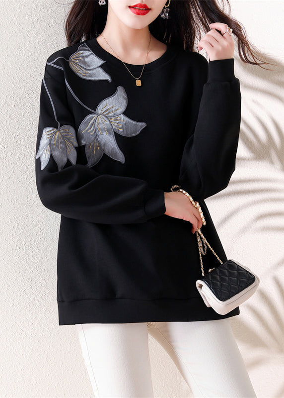 Loose Black O Neck Embroideried Patchwork Cotton Tops Fall