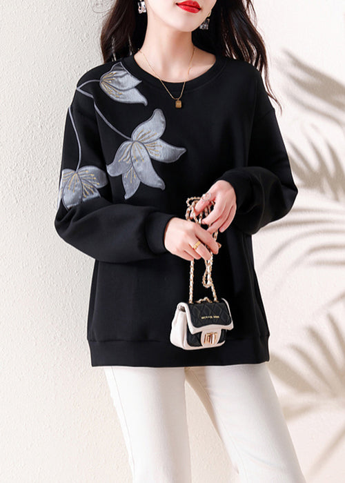 Loose Black O Neck Embroideried Patchwork Cotton Tops Fall