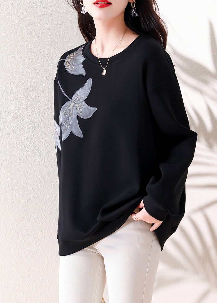 Loose Black O Neck Embroideried Patchwork Cotton Tops Fall