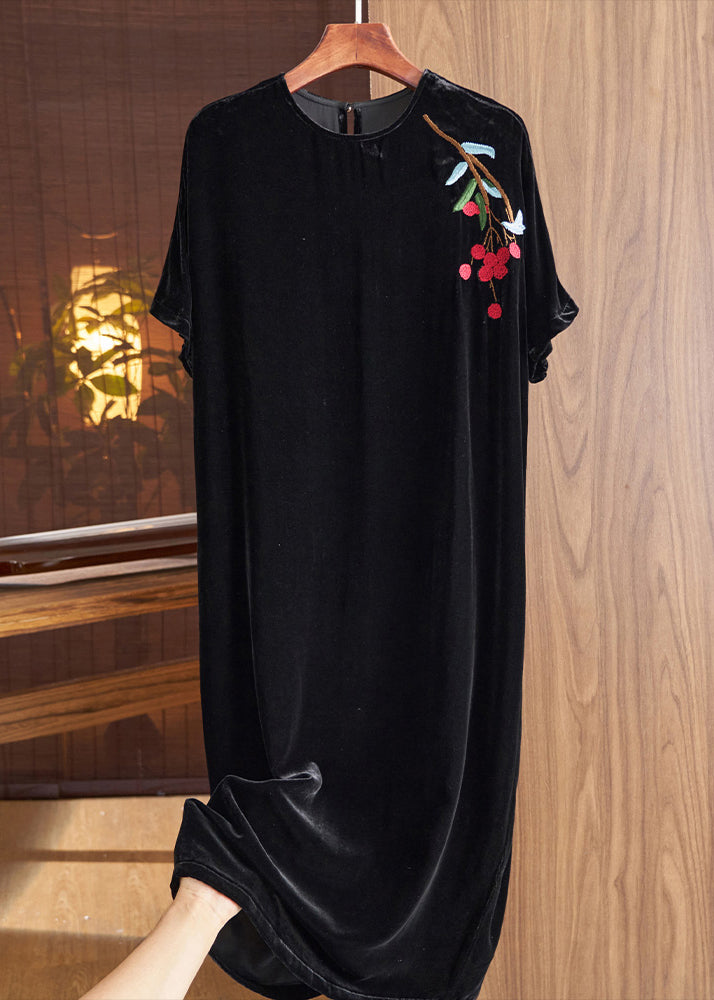 Loose Black O Neck Embroideried Silk Velour Dresses Fall