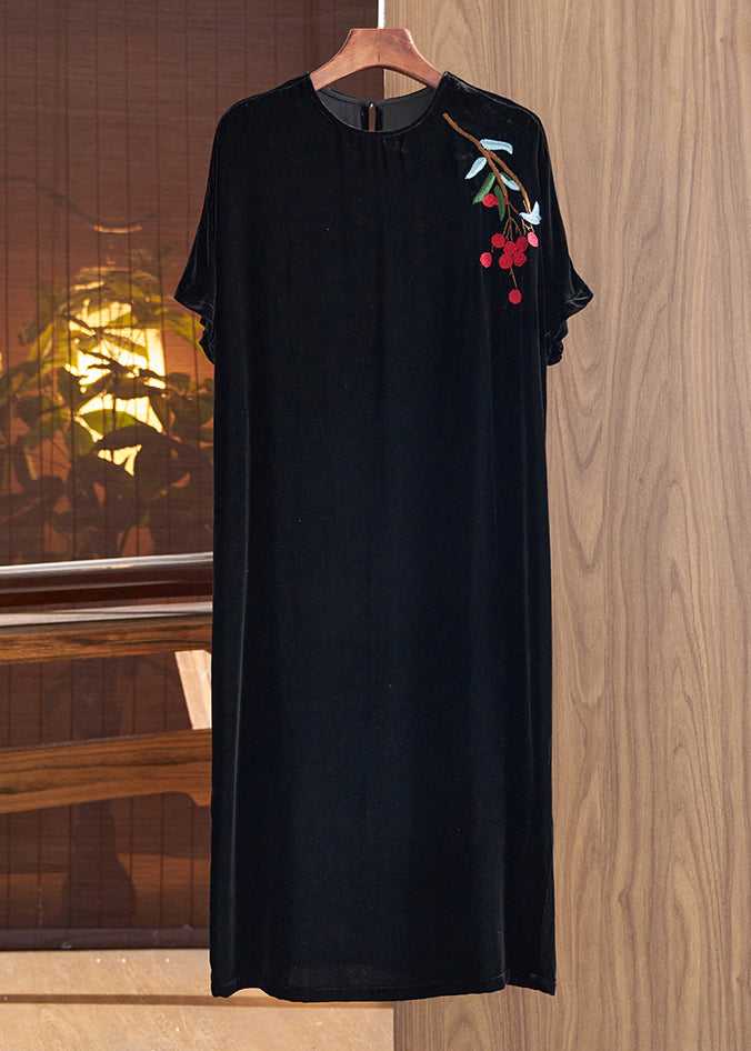Loose Black O Neck Embroideried Silk Velour Dresses Fall