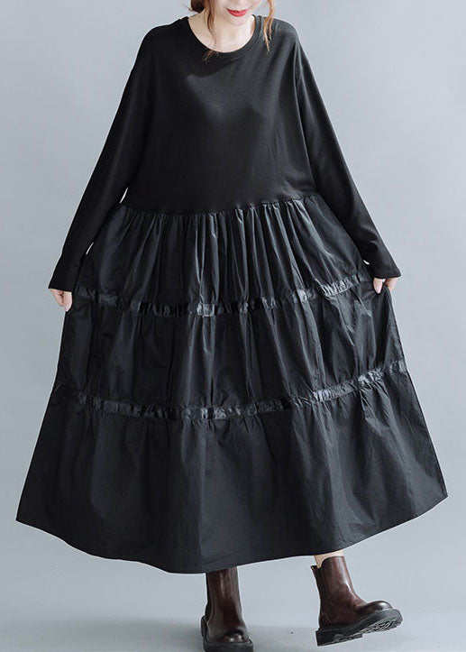 Loose Black O-Neck Patchwork Cotton Holiday Dress Spring