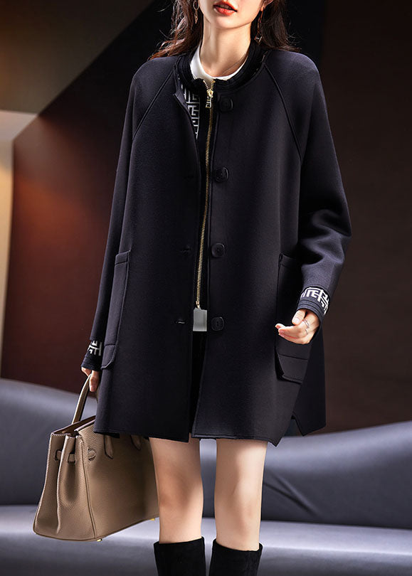 Loose Black O-Neck Pockets Button Coats Long Sleeve