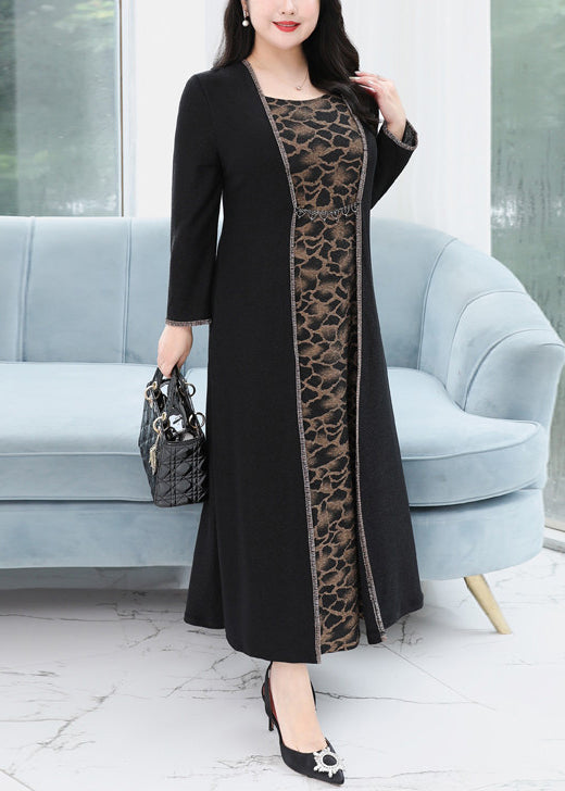 Loose Black O Neck Print FalseTwo Pieces Cotton Maxi Dress Fall