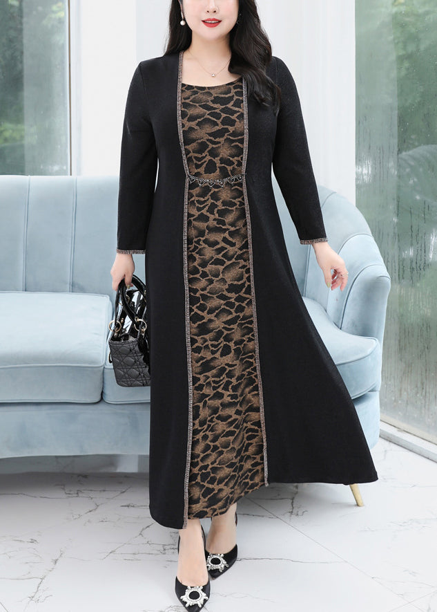 Loose Black O Neck Print FalseTwo Pieces Cotton Maxi Dress Fall