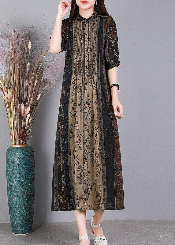 Loose Black O-Neck Print Patchwork Wrinkled Silk Party Dress Short Sleeve