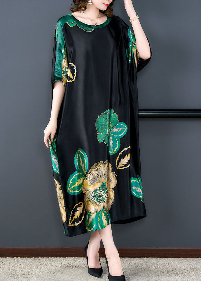 Loose Black O Neck Print Pockets Patchwork Silk Dresses Summer