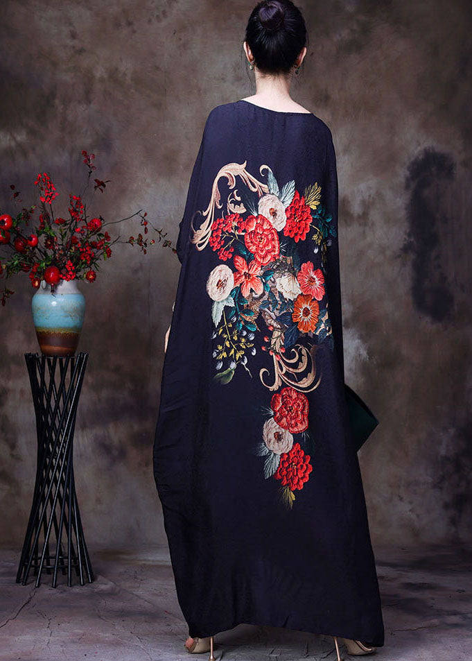 Loose Black O-Neck Tassel Floral Print Silk Long Dress Gown Batwing Sleeve