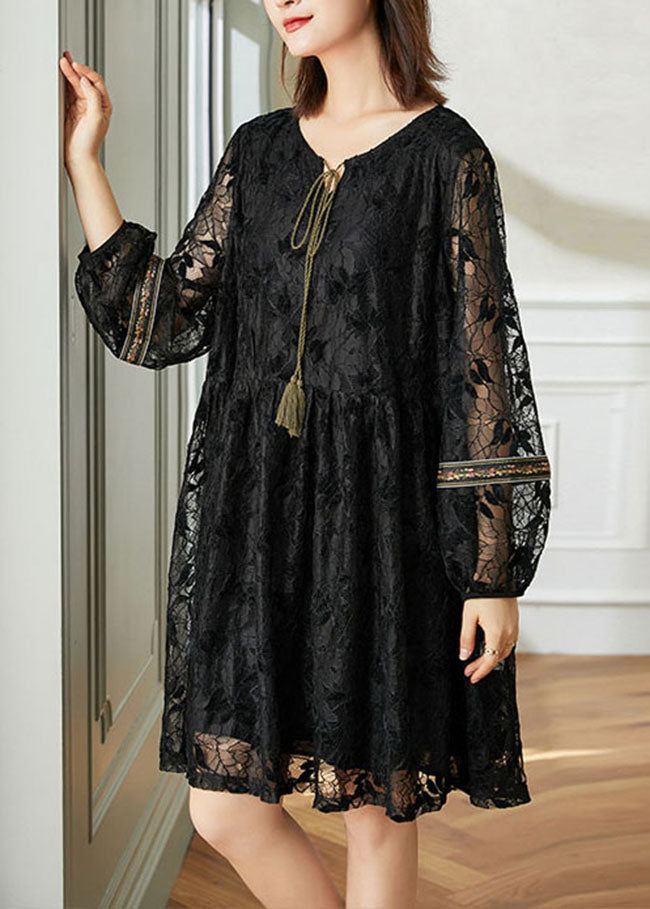 Loose Black O Neck Wrinkled Tasseled Patchwork Lace Dress Spring