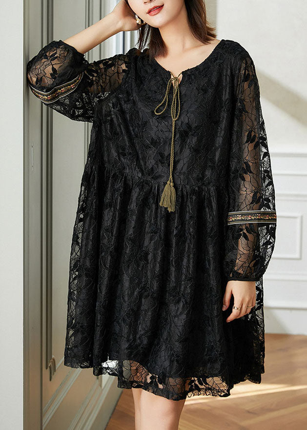 Loose Black O Neck Wrinkled Tasseled Patchwork Lace Dress Spring