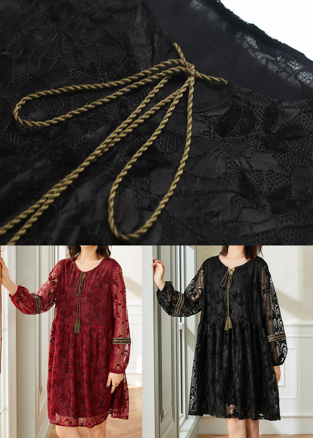 Loose Black O Neck Wrinkled Tasseled Patchwork Lace Dress Spring