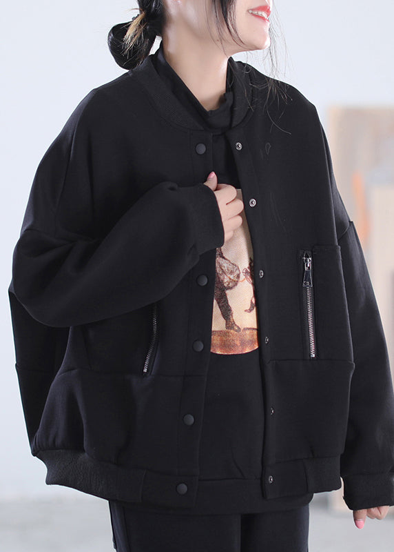 Loose Black O-Neck Zippered Button Pockets Cotton Coats Long Sleeve