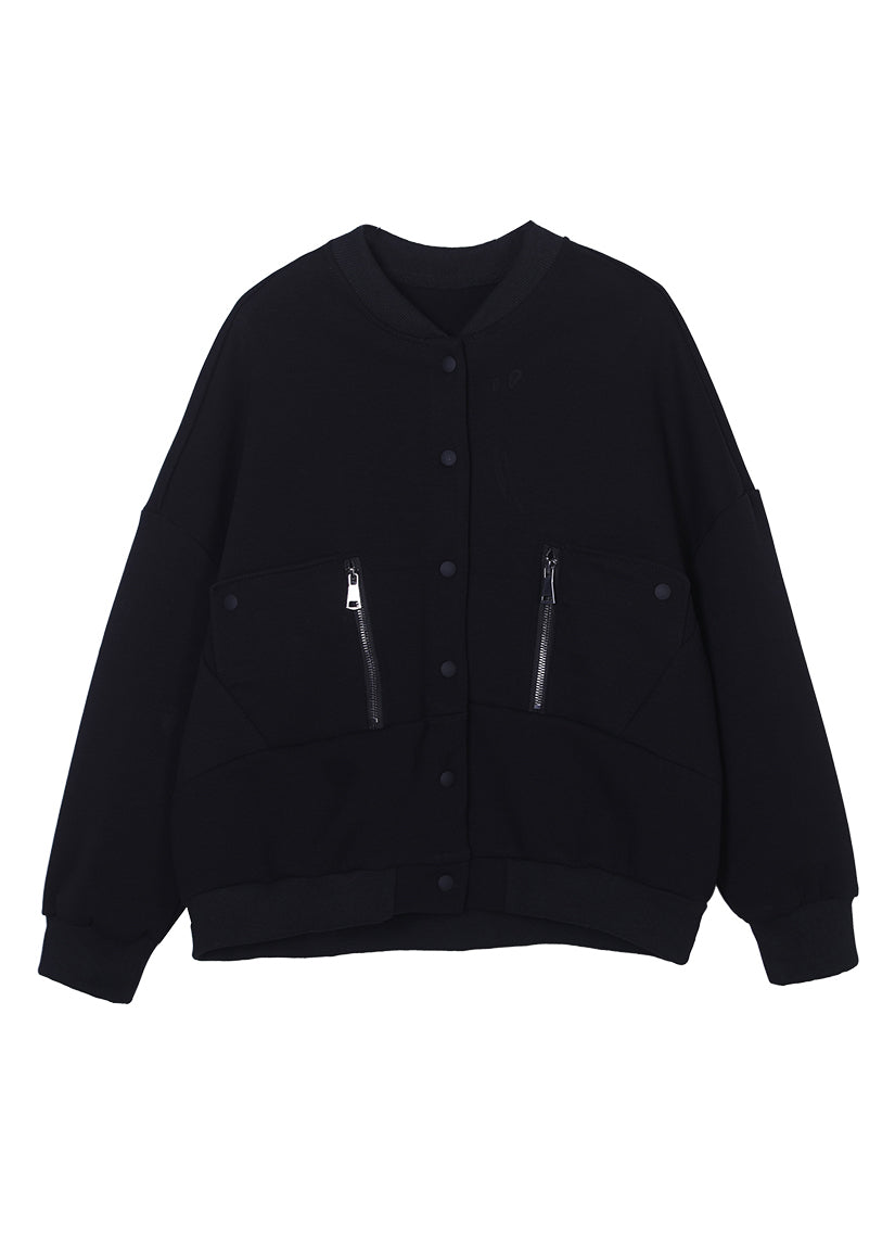Loose Black O-Neck Zippered Button Pockets Cotton Coats Long Sleeve