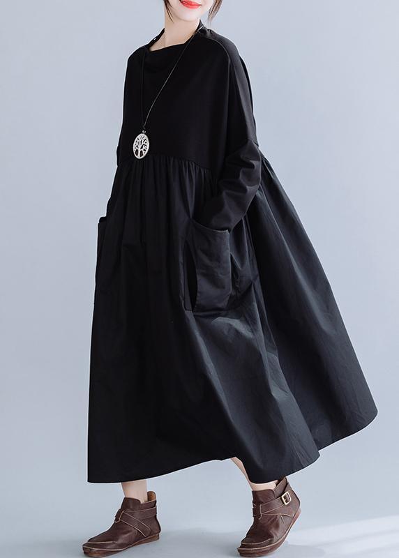 Loose Black Patchwork Cotton Cinched Spring Dress - Omychic