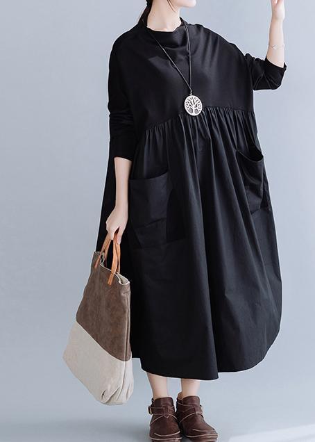 Loose Black Patchwork Cotton Cinched Spring Dress - Omychic