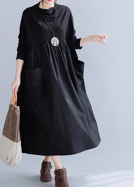 Loose Black Patchwork Cotton Cinched Spring Dress - Omychic