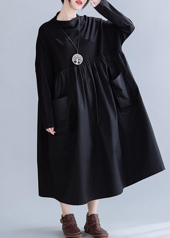 Loose Black Patchwork Cotton Cinched Spring Dress - Omychic