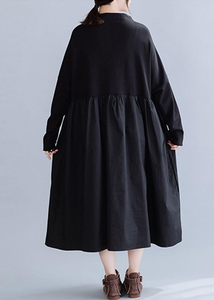Loose Black Patchwork Cotton Cinched Spring Dress - Omychic