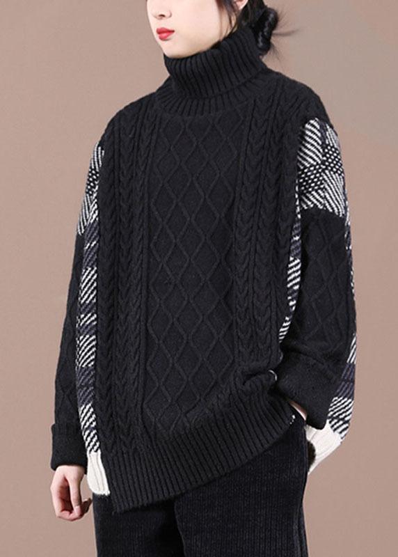 Loose Black Patchwork Fall Knit Sweater - Omychic