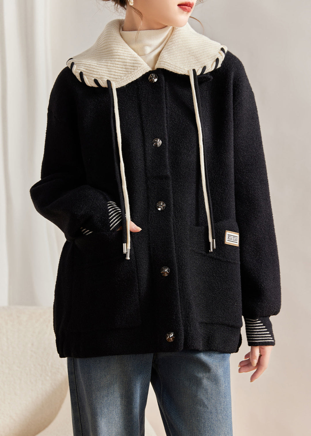 Loose Black Peter Pan Collar Button Pockets Woolen Coats Long Sleeve