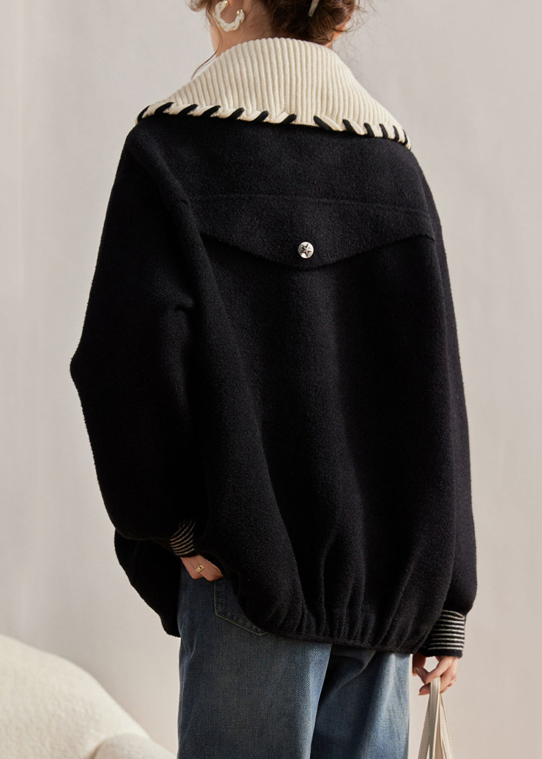Loose Black Peter Pan Collar Button Pockets Woolen Coats Long Sleeve