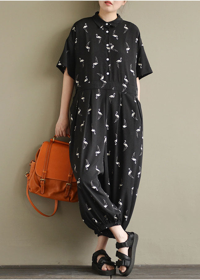 Loose Black Peter Pan Collar Button Print Chiffon Jumpsuit Short Sleeve